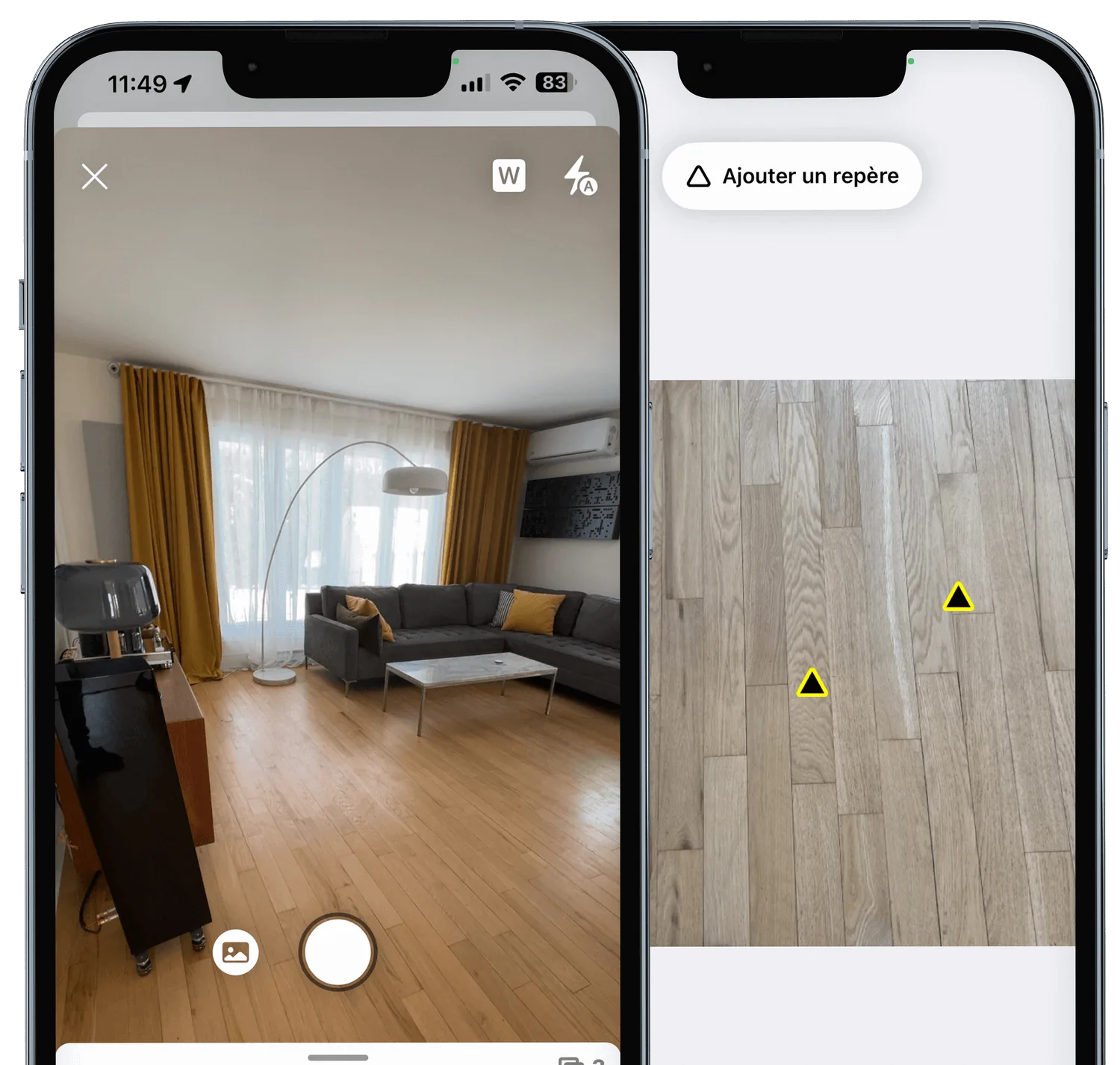 L'application ZIIIMO sur deux iPhone : prise de photo d'un salon et ajout d'un repère sur un parquet