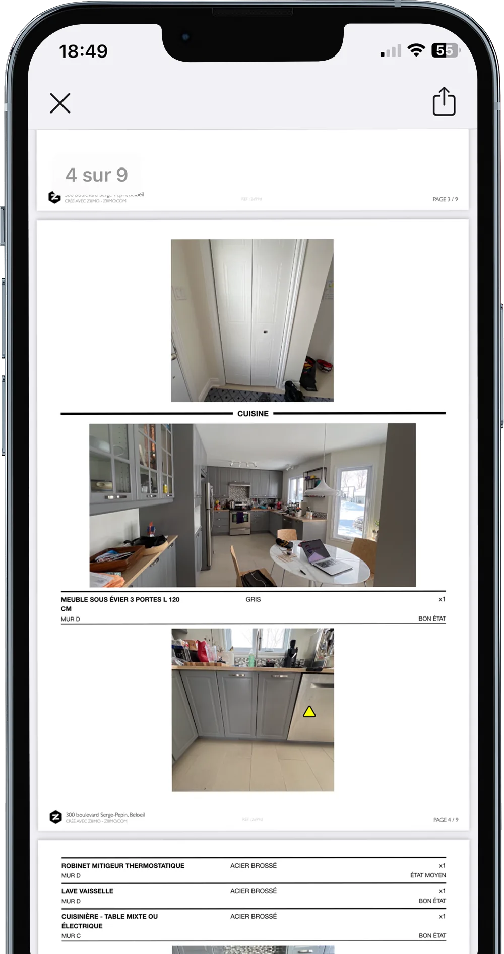 Le PDF d'un état des lieux ZIIIMO consulté sur iPhone