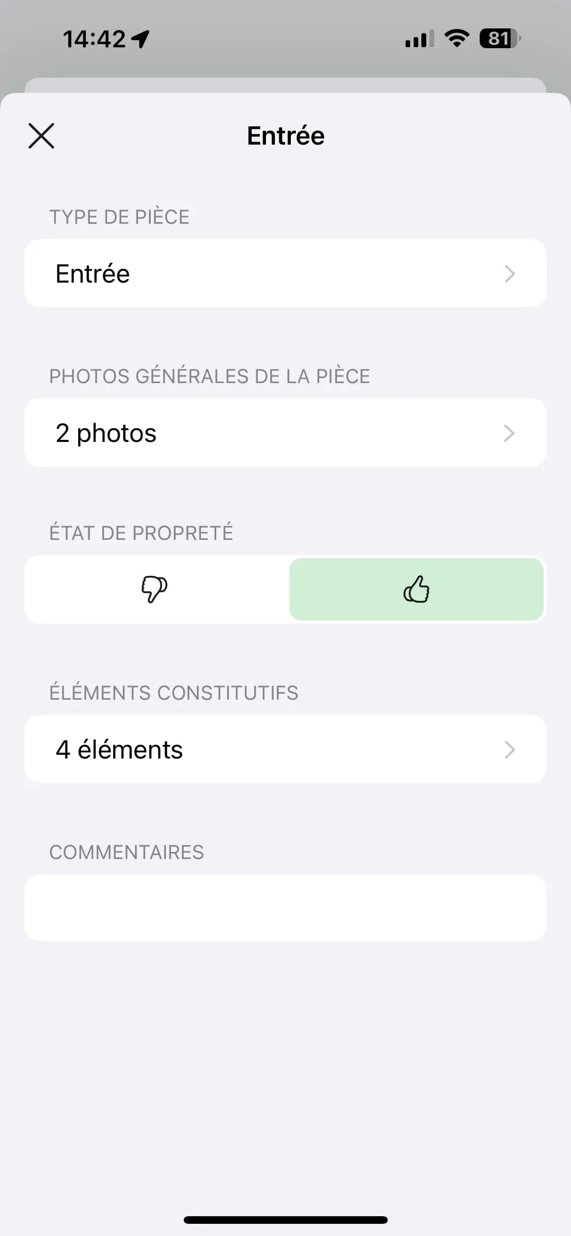 Écran de description d'une pièce