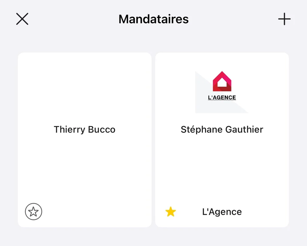 L'écran Mandataires de ZIIIMO avec deux fiches, dont une avec logo d'agence